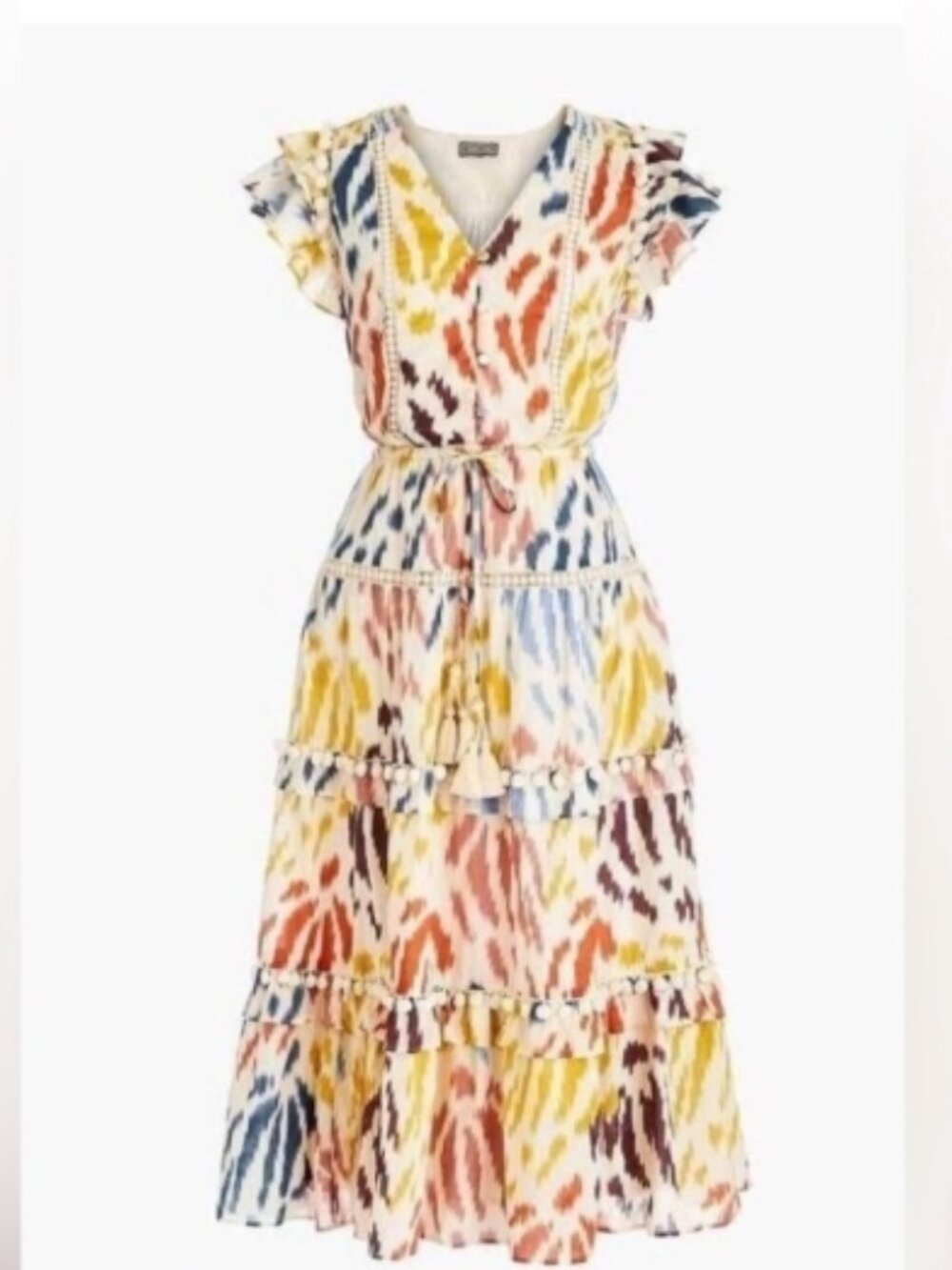J.Crew Point Sur flutter-sleeve tiered midi dress in printed cotton voile Size 4